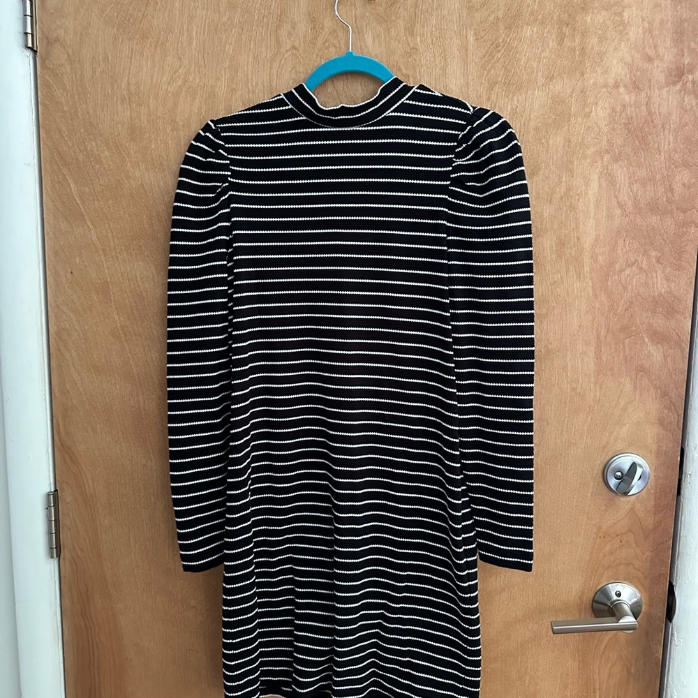 LOFT Black and White Striped Long Sleeve Dress
